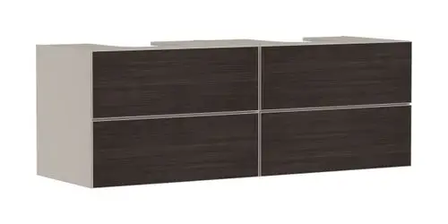 Waschtischunterschrank mit vier Schubkästen in Sandbeige, zur Verwendung mit Hansgrohe Aufsatzwaschtischen. Flaches Design, agiert als Basis für Konsolen.